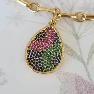 PULSEIRA DOURADA PINGENTE GOTA CRAVEJADO MICROZIRCÔNIAS MULTICOLORIDAS