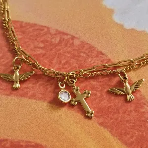 PULSEIRA DOURADA FIO DUPLO DIVINO ESPIRITO SANTO CRUZ E PONTO DE LUZ