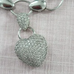 PULSEIRA RÓDIO BRANCO GOTAS E PINGENTE CORAÇÃO CRAVEJADO MICROZIRCÔNIAS CRISTAL