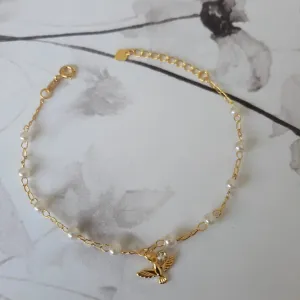 PULSEIRA DOURADA PÉROLAS PINGENTES DIVINO ESPÍRITO SANTO