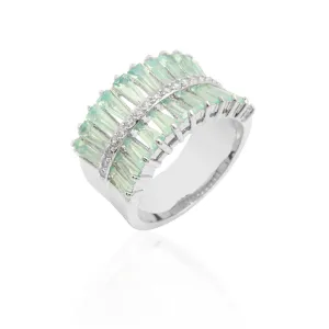 ANEL RÓDIO BRANCO ZIRCÔNIAS VERDE ÁGUA CRAVEJADO MICROZIRCÔNIAS CRISTAL