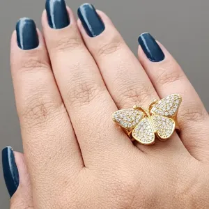 ANEL DOURADO BORBOLETA CRAVEJADA EM MICROZIRCÔNIAS CRISTAL