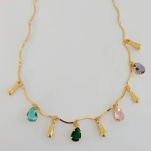 COLAR DOURADO PINGENTES GOTA ZIRCÔNIAS MULTICOLORIDO