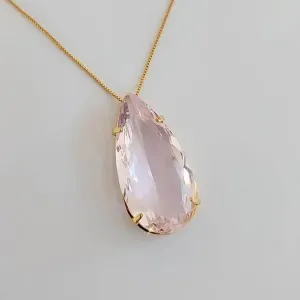 COLAR DOURADO PINGENTE GOTA QUARTZO ROSA