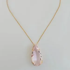 COLAR DOURADO PINGENTE GOTA QUARTZO ROSA