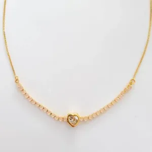 COLAR DOURADO CORAÇÃO ZIRCÔNIA CRISTAL E ZIRCÔNIAS QUARTZO ROSA