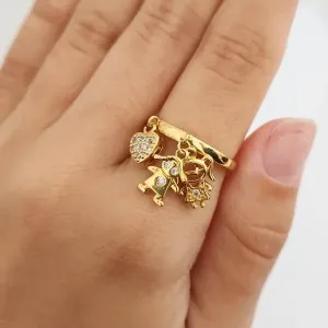 ANEL DOURADO PINGENTES MENINAS E CORAÇÃO CRAVEJADO MICROZIRCÔNIAS CRISTAL