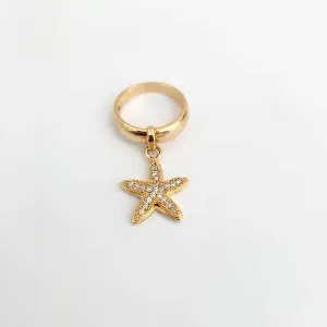 ANEL DOURADO PINGENTE ESTRELA DO MAR CRAVEJADO MICROZIRCÔNIAS CRISTAL