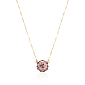 COLAR DOURADO PINGENTE PIZZA MICROZIRCÔNIAS CRISTAL E ROSA