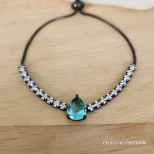 PULSEIRA SHAMBALA RÓDIO NEGRO PEDRA GOTA ÁGUA MARINHA COM ZIRCÔNIAS CRISTAL