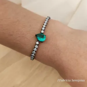 PULSEIRA SHAMBALA RÓDIO NEGRO GOTA PRASIOLITA CRAVEJADO ZIRCÔNIAS CRISTAL