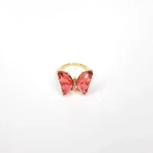 ANEL DOURADO BORBOLETA ROSA