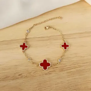 PULSEIRA COM 3 PINGENTES TREVO DE QUATRO FOLHAS VERMELHAS RESINA INSPIRAÇÃO ALHAMBRA DE VAN CLEEF