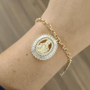 PULSEIRA DOURADA ELO PORTUGUÊS PINGENTE CRAVEJADO NOSSA SENHORA DAS GRAÇAS