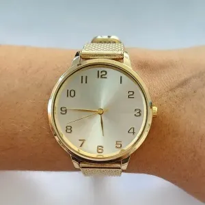 RELÓGIO DOURADO FUNDO CLARO PULSEIRA ANTIALÉRGICA