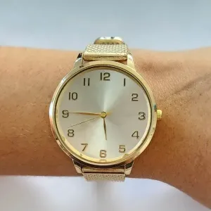 RELÓGIO DOURADO FUNDO CLARO PULSEIRA ANTIALÉRGICA