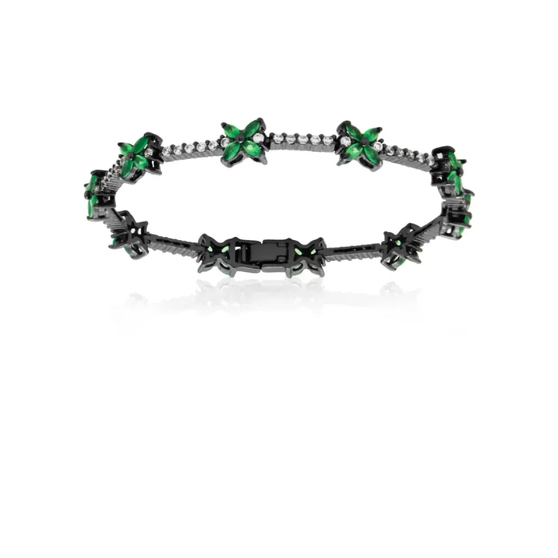 PULSEIRA RÓDIO NEGRO FLORES VERDES CRAVEJADAS