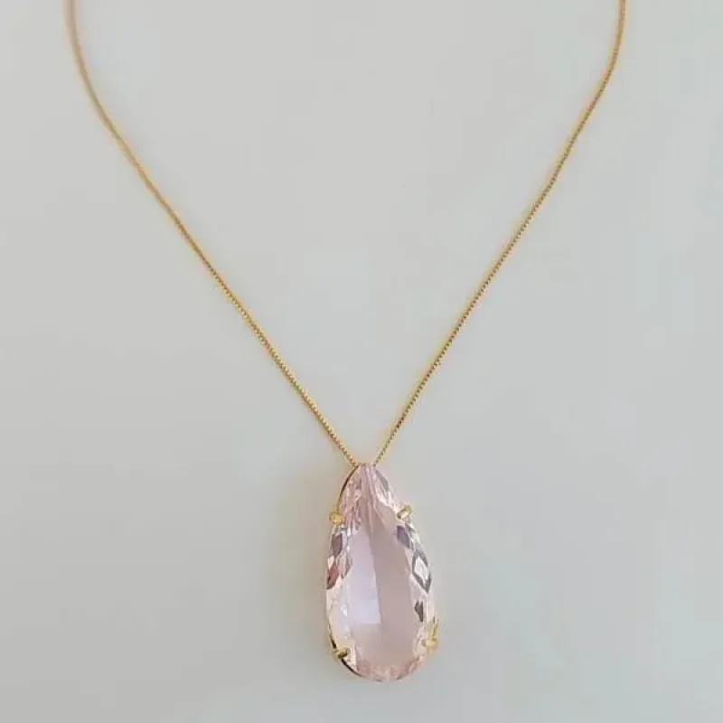 COLAR DOURADO PINGENTE GOTA QUARTZO ROSA