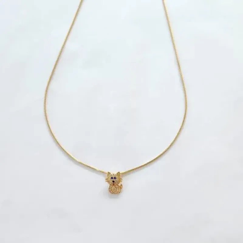 COLAR DOURADO PINGENTE GATO CRAVEJADO MICROZIRCÔNIAS CRISTAL