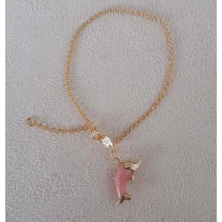 PULSEIRA MINI ELO PORTUGUÊS COM PINGENTE GOLFINHO ROSA