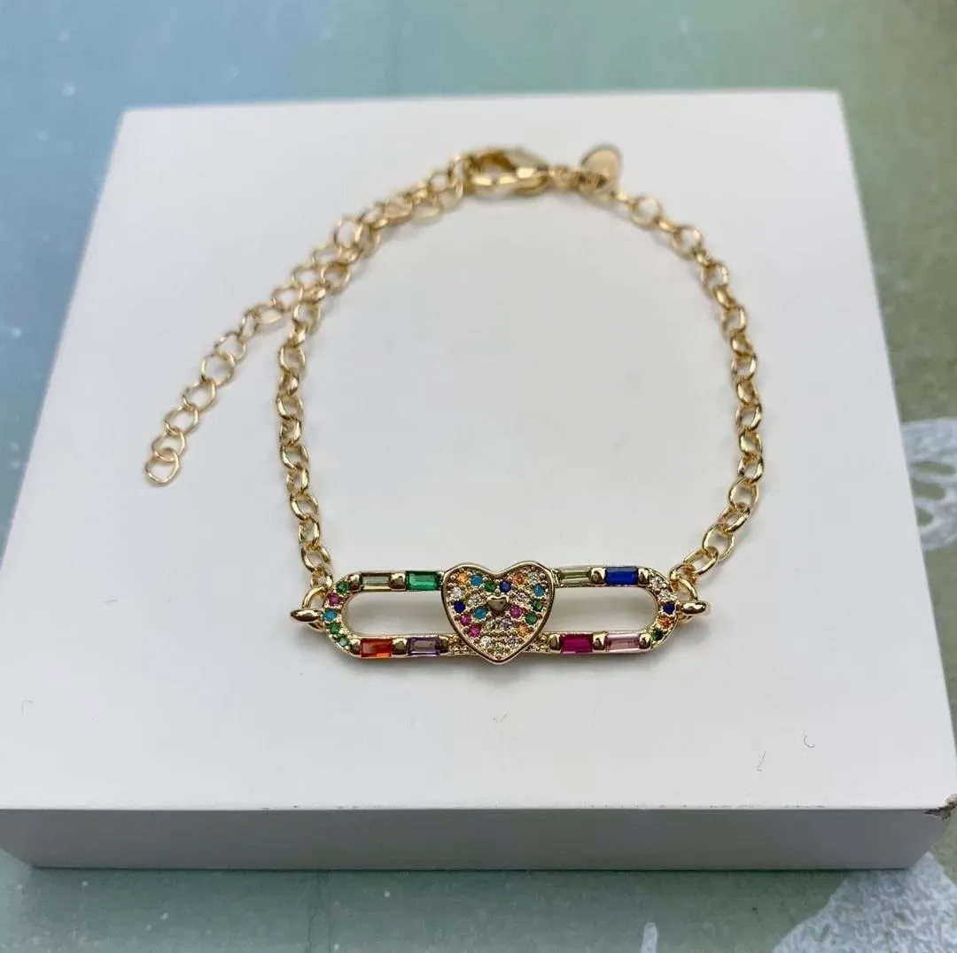 PULSEIRA DOURADA CORAÇÃO ZIRCÔNIAS NAVETE MULTICOLORIDAS