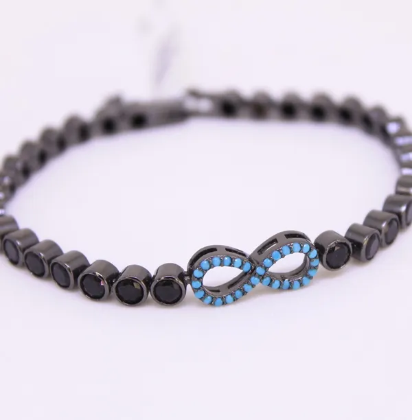 PULSEIRA RÓDIO NEGRO CRAVEJADO MICROZIRCÔNIAS TURQUESA SIMBOLO DO INFINITOE ZIRCÔNIAS NEGRAS