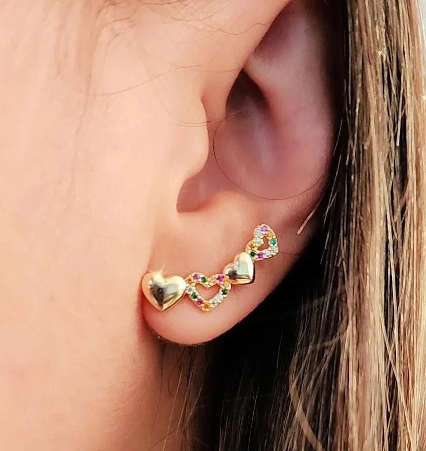 EAR CUFF CORAÇÕES CRAVEJADO EM ZIRCÔNIAS COLORIDAS