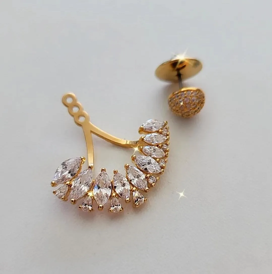 EAR JACKET LEQUE COM BOLA DOURADO COM PEDRAS E CRAVAÇÃO ZIRCÔNIAS CRISTAL