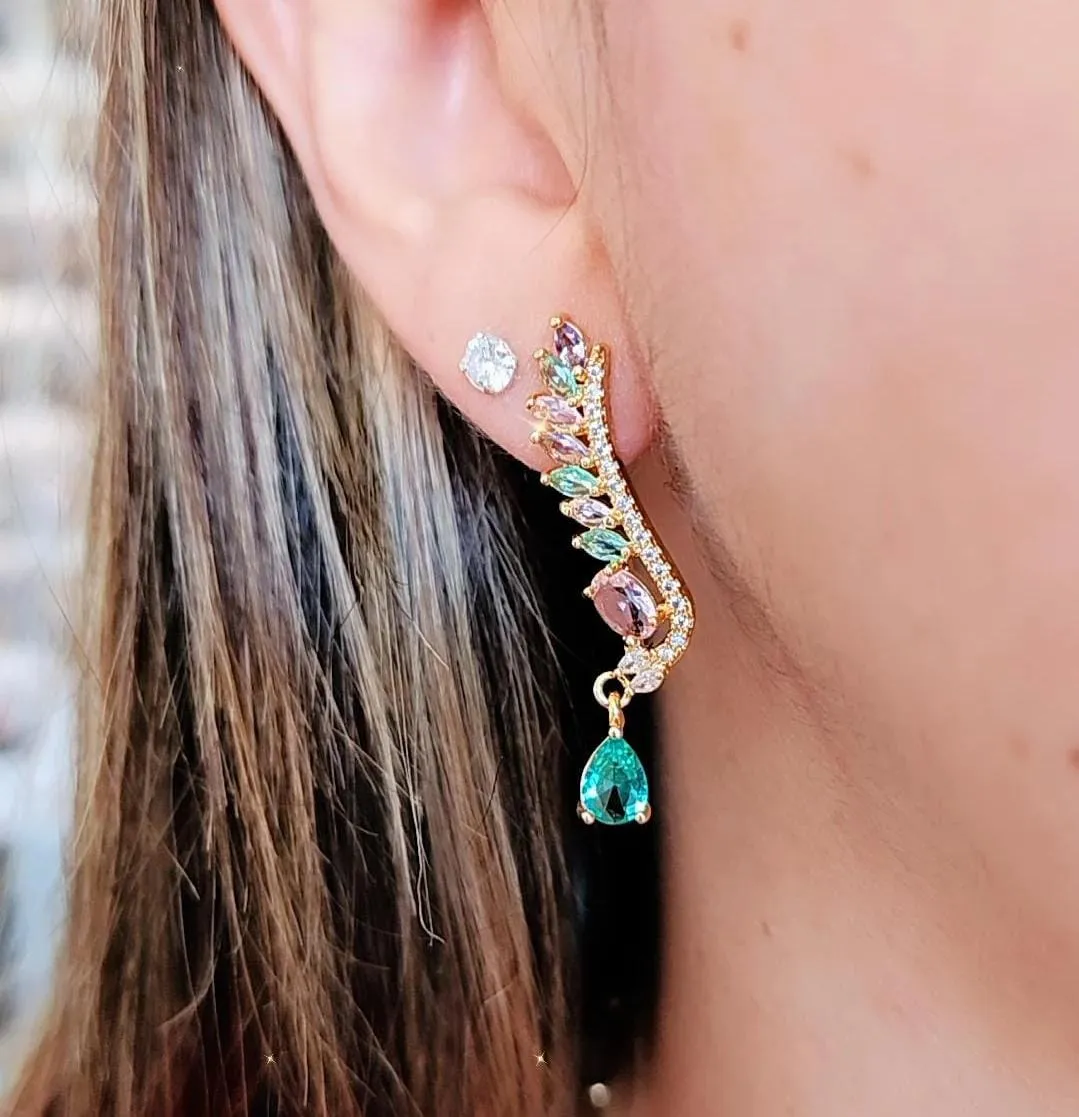 BRINCO EAR CUFF DOIS EM UM COM ZIRCÔNIAS COLORIDAS