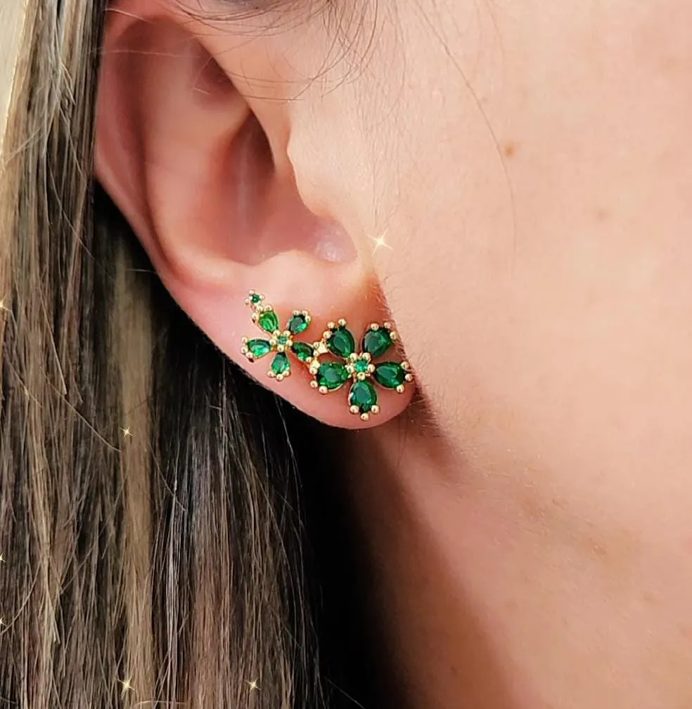 BRINCO EAR CUFF DOURADO FLORES VERDE ESMERALDA