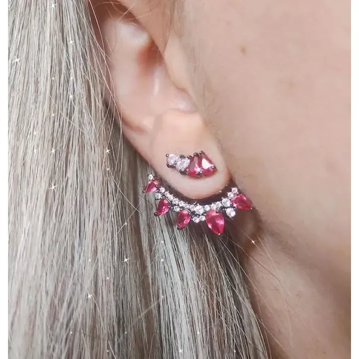 EAR JACKET LEQUE RÓDIO NEGRO COM PEDRAS EM ZIRCÔNIA ROSA