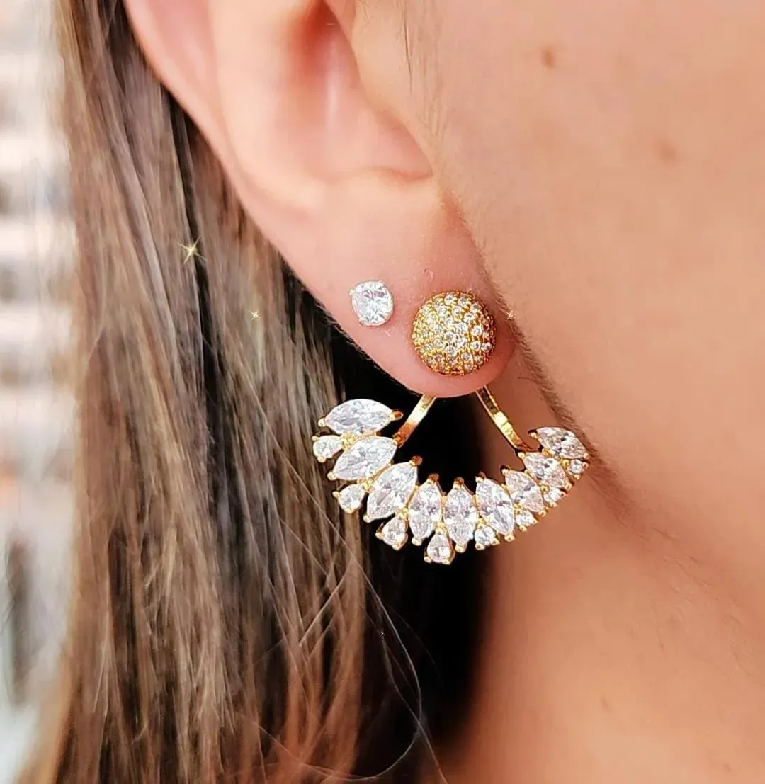 EAR JACKET LEQUE COM BOLA DOURADO COM PEDRAS E CRAVAÇÃO ZIRCÔNIAS CRISTAL