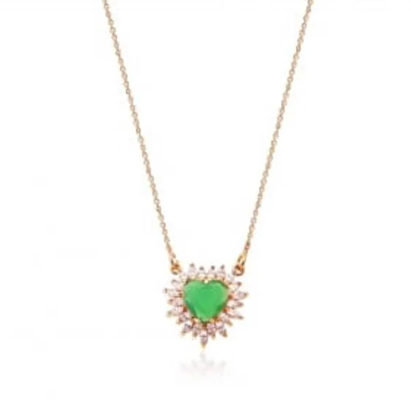 CONJUNTO DOURADO CORAÇÃO VERDE ESMERALDA ZIRCÔNISA CRISTAL