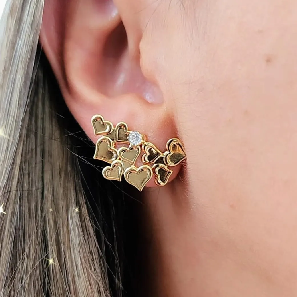 BRINCO DOURADO EAR CUFF CORAÇÕES PEDRA