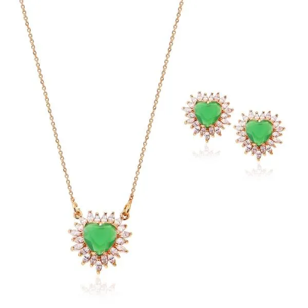 CONJUNTO DOURADO CORAÇÃO VERDE ESMERALDA ZIRCÔNISA CRISTAL