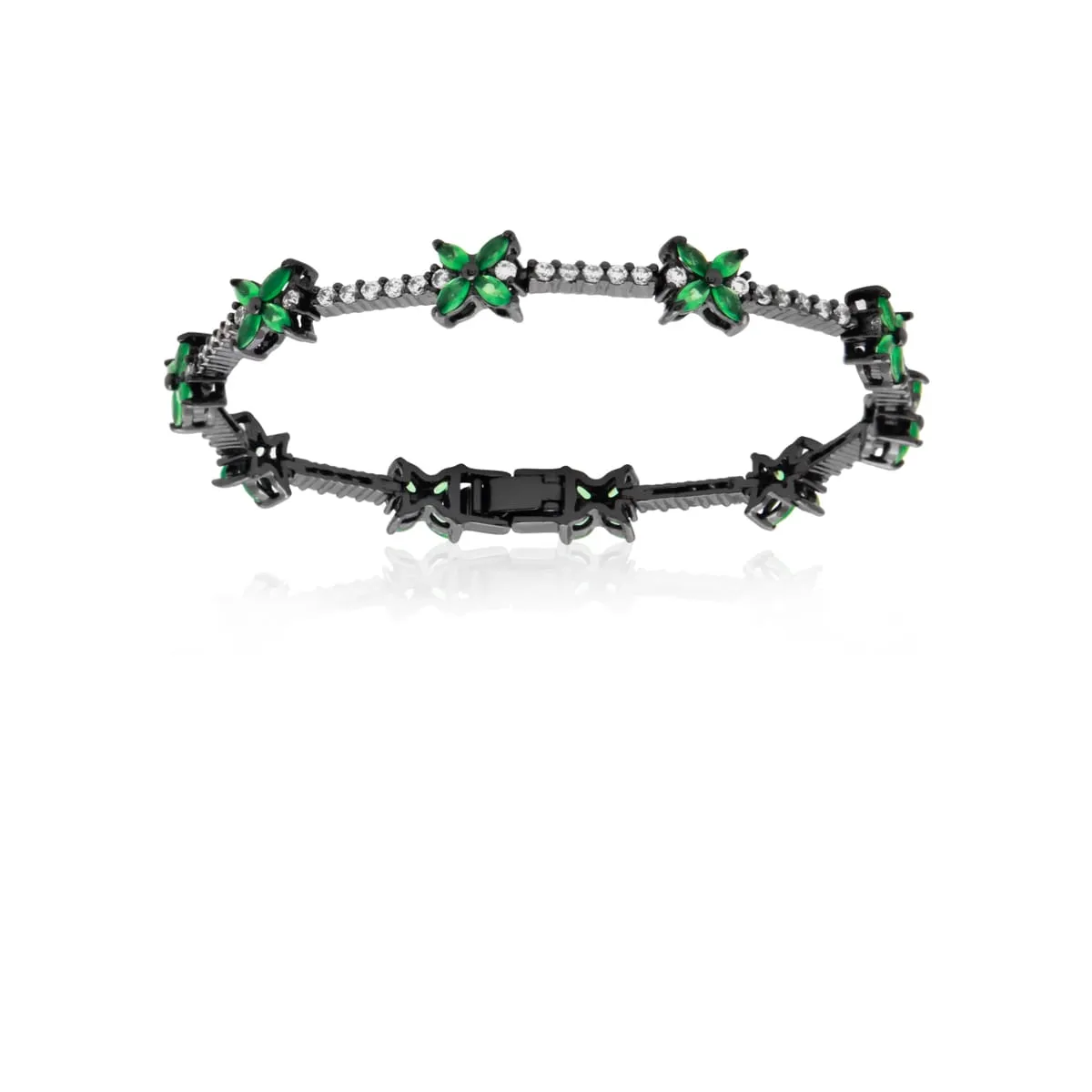 PULSEIRA RÓDIO NEGRO FLORES VERDES CRAVEJADAS