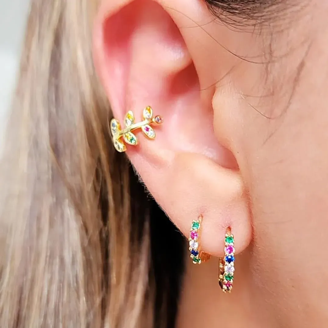 BRINCO PIERCING FAKE DOURADO PÉTALAS ZIRCÔNIA MULTICOLORIDAS