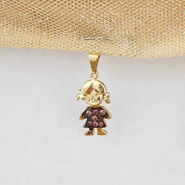 PINGENTE DOURADO MENINA CRAVEJADO MICROZIRCÔNIAS QUARTZO ROSA