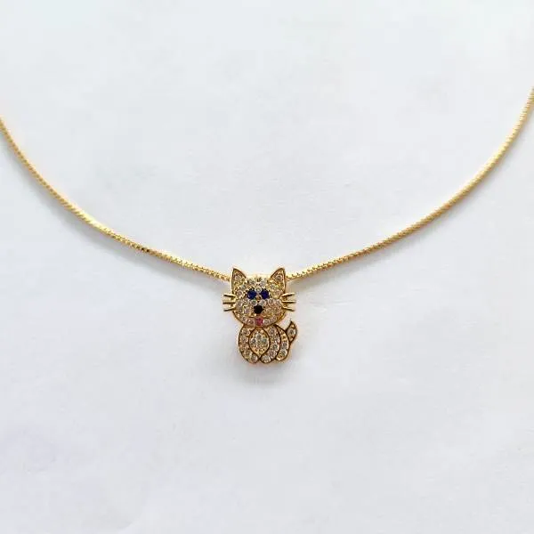 COLAR DOURADO PINGENTE GATO CRAVEJADO MICROZIRCÔNIAS CRISTAL