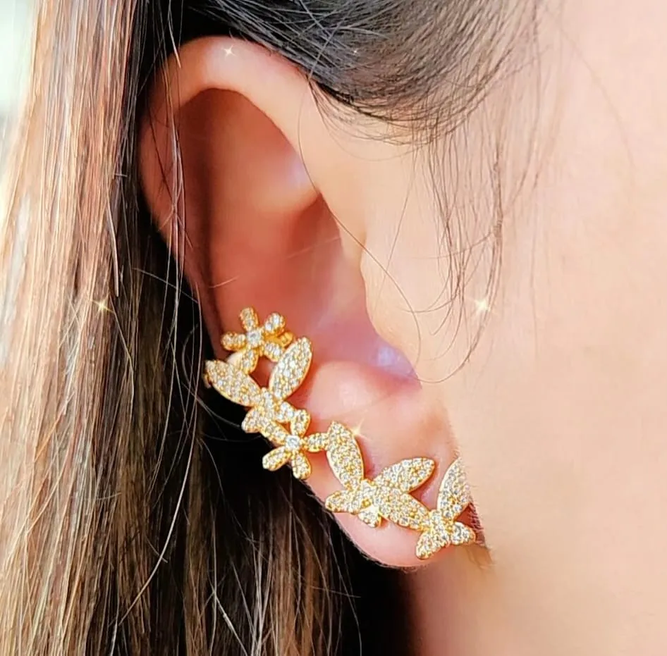 BRINCO EAR CUFF BORBOLETAS E FLORES MICROZIRCÔNIAS CRISTAL