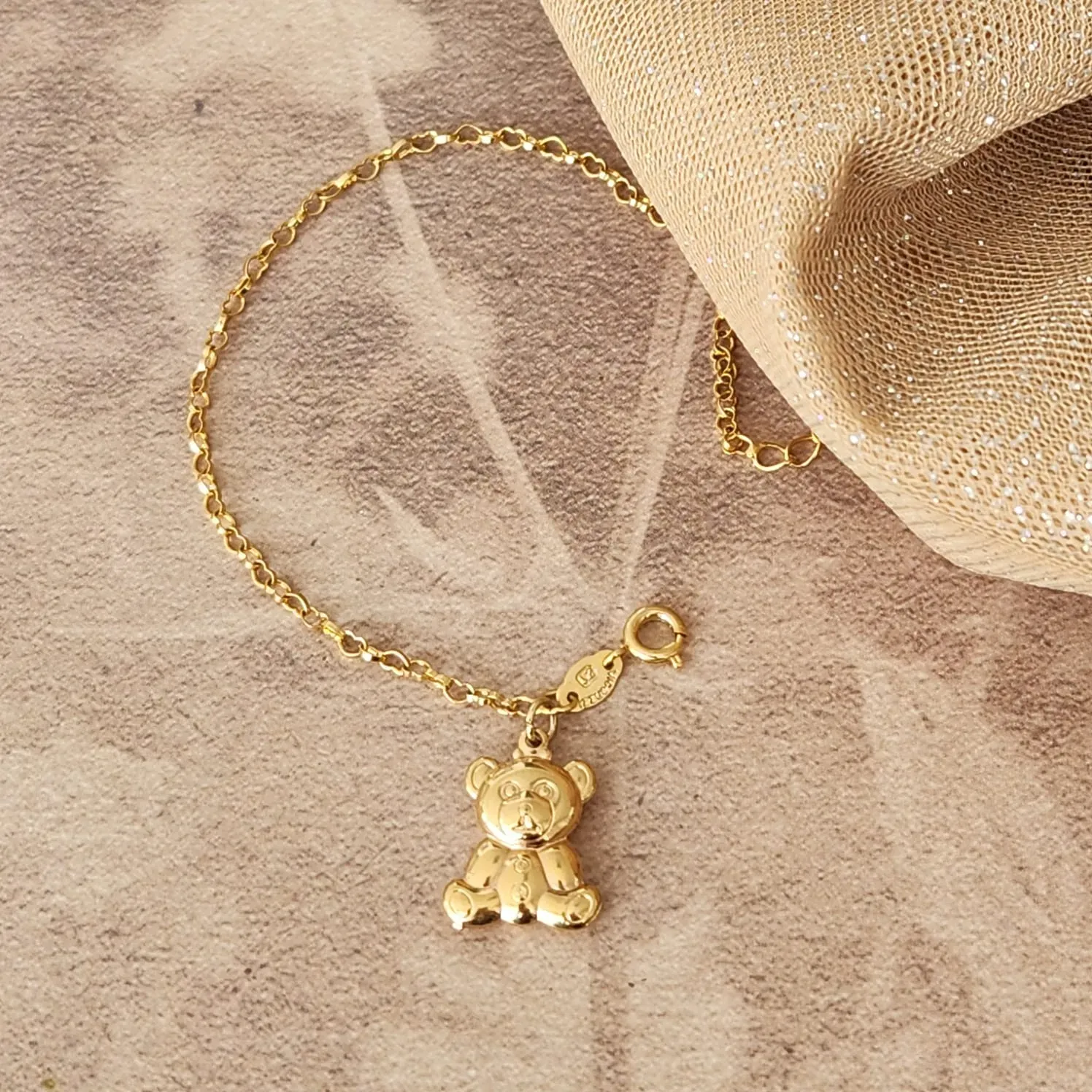 PULSEIRA DOURADA CORRENTE ELOS CORAÇÃO COM PINGENTE URSO