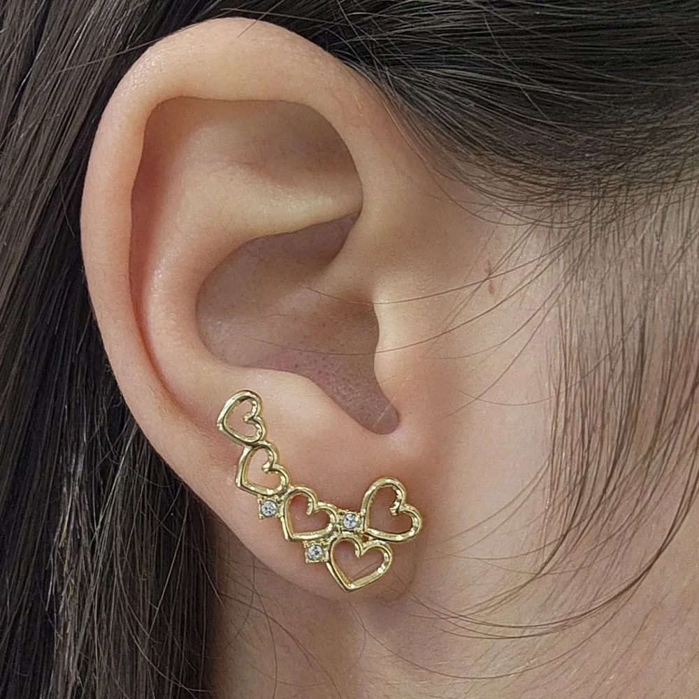 BRINCO EAR CUFF CORAÇÕES COM DETALHES EM ZIRCÔNIAS