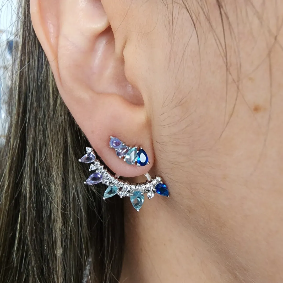 EAR JACKET LEQUE RÓDIO BRANCO COM PEDRAS EM ZIRCÔNIA AZUIS E LILÁS