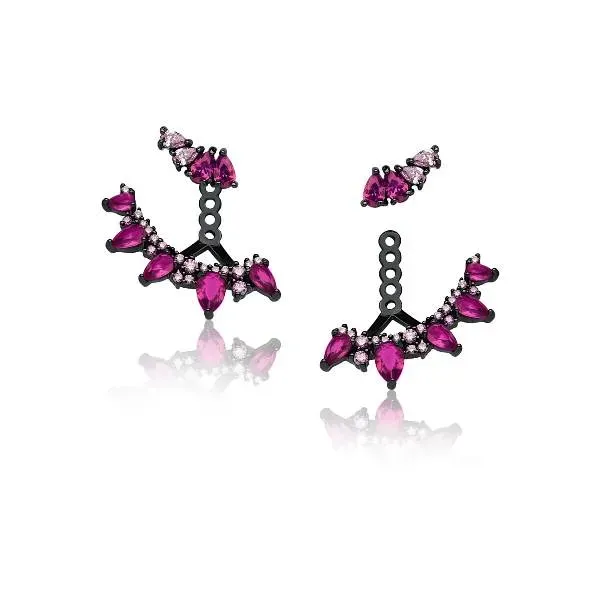 EAR JACKET LEQUE RÓDIO NEGRO COM PEDRAS EM ZIRCÔNIA ROSA