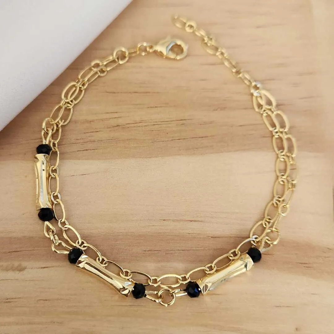 PULSEIRA DUAS EM UMA COM DETALHES E PEDRINHAS PRETAS