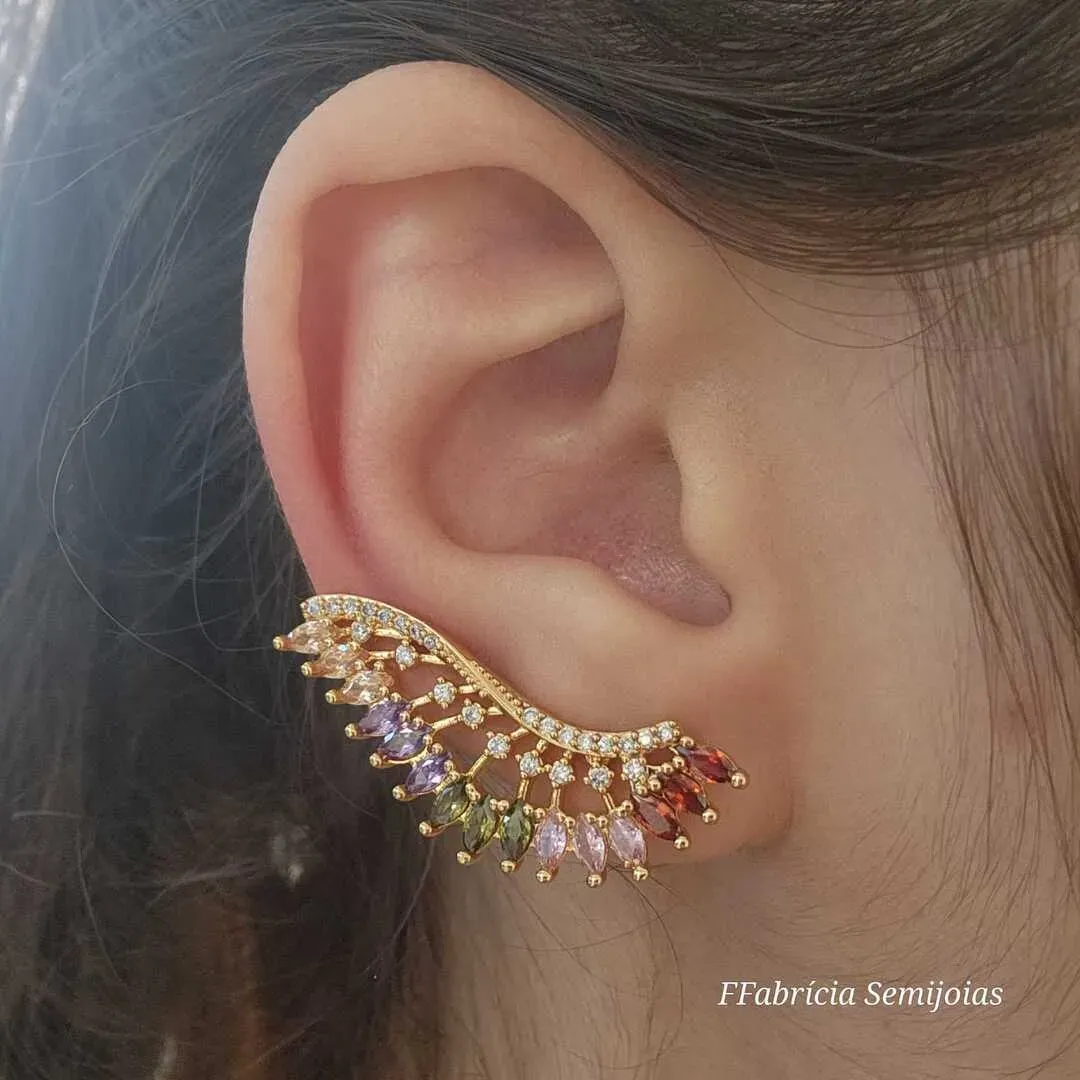 BRINCO DOURADO EAR CUFF ZIRCÔNIAS NAVETE MULTICOR